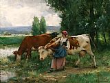 Julien Dupre Canvas Paintings - Femme et vaches par l'eau